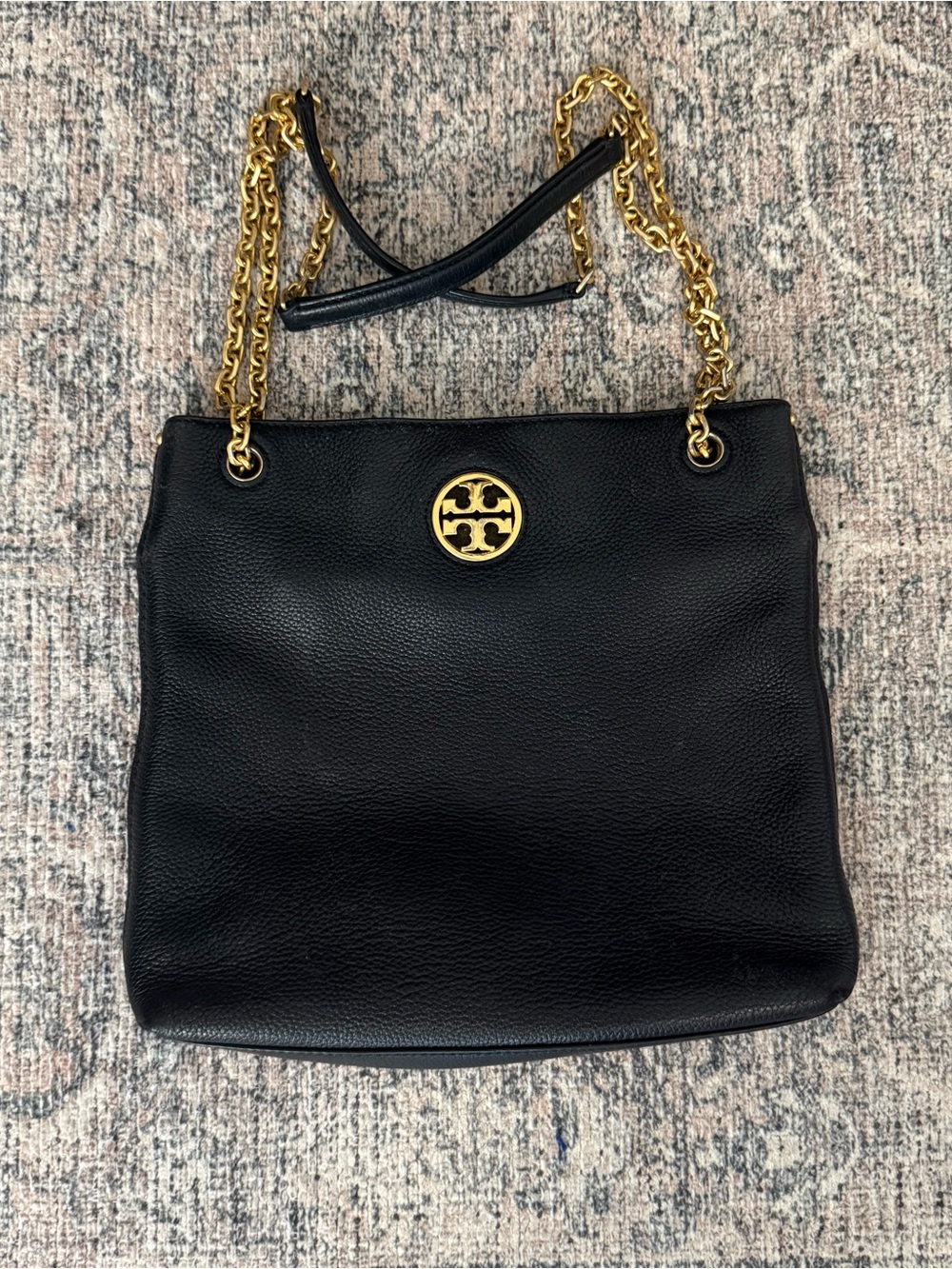Tory Burch Black Leather Chain-Handle Shoulder Bag with Gold Logo
